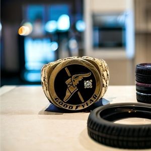 RARE 10k Gold Goodyear Nugget & Diamond Service Ring Size 10.5